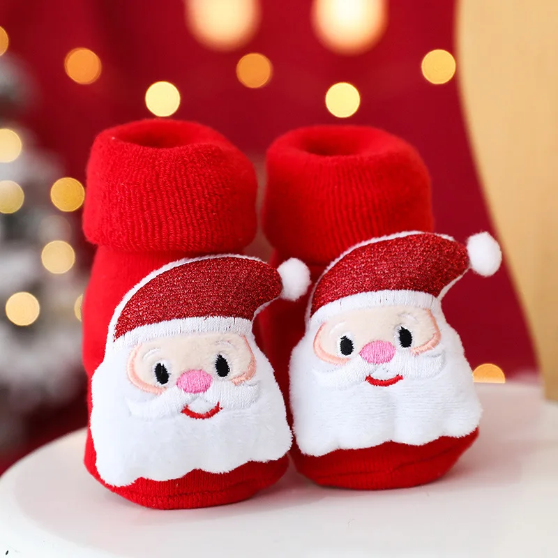 

Детские рождественские носки, зимние толстые махровые разноцветные Мультяшные Носки с рисунком Санта-Лоси, нескользящие носки для пола, со...