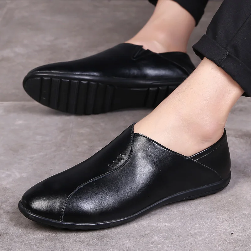 Мужские повседневные туфли из натуральной кожи низкие слипоны плоская подошва
