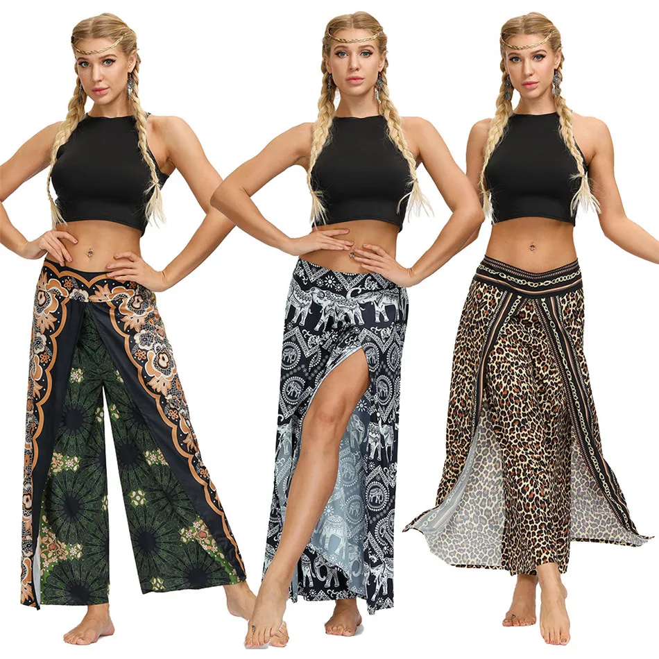 

Flower Feather Butterfly Elephant Leopard Print Ladies Bohemian Wide Split Leg Pants Women Thai Indonesian Summer Loose Trousers