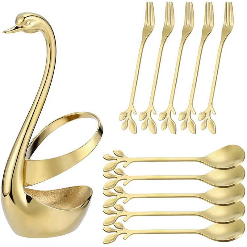 

11PCS Decorative Swan Base Bracket with Dessert Fork Set Creative Golden Leaf Fruit Fork Stainless Steel