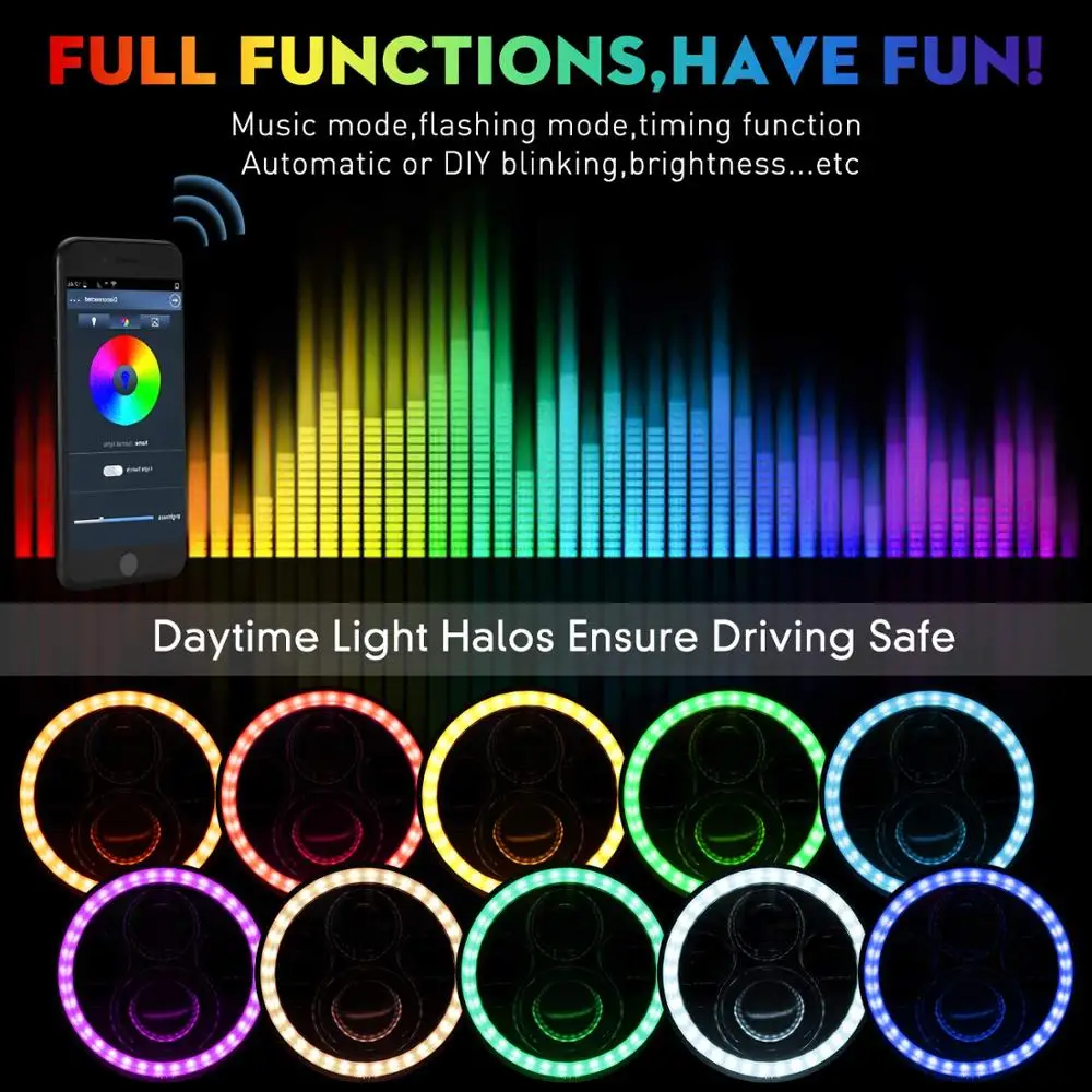 

WINING 2pcs Halo 7Inch LED Headlights For Jeep Wrangler JK Rgb headlight Bluetooth Phone APP Control for Jeep TJ CJ Accessories