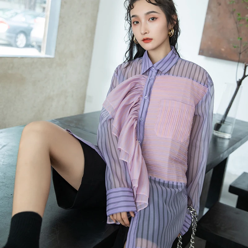 Женская длинная рубашка в полоску Корейская Асимметричная Свободная блузка