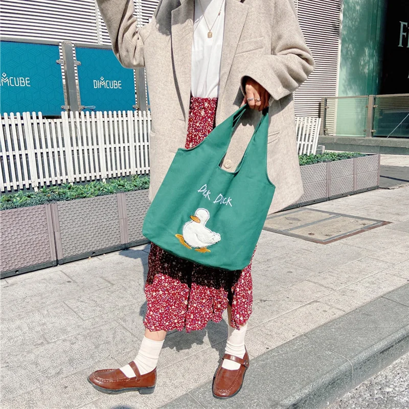 

Summer Cute Duck Shopper Bags Vintage Hobos Handbags Green/White Cartoon Canvas Shoulder Bags Large Shopping Bags For Women