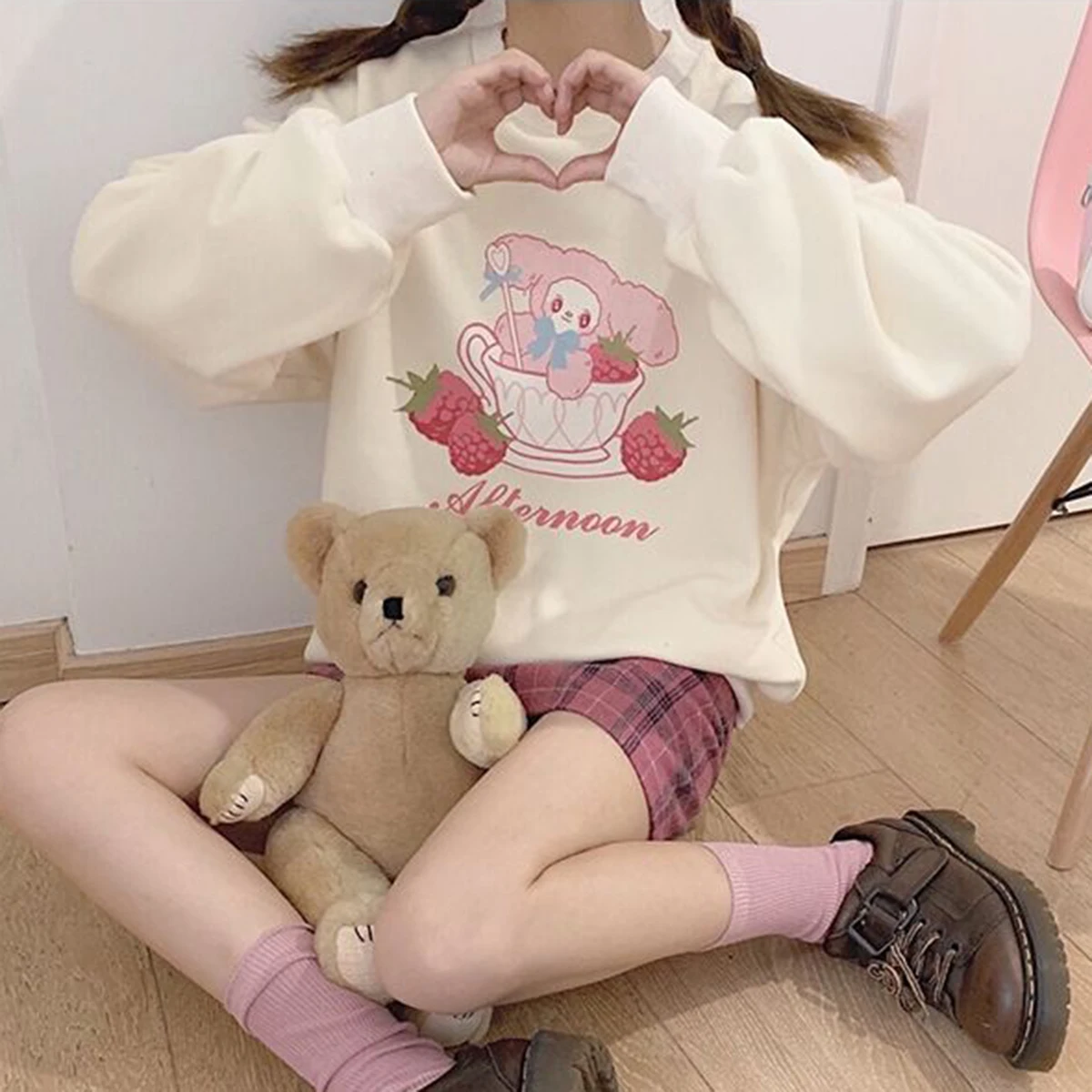 

Kawaii Cartoon Print Sweatshirt Y2k Korean Fashion Oversize Long Sleeve Tops Preppy Style Plus Velvet Thick Pullover Women 2021