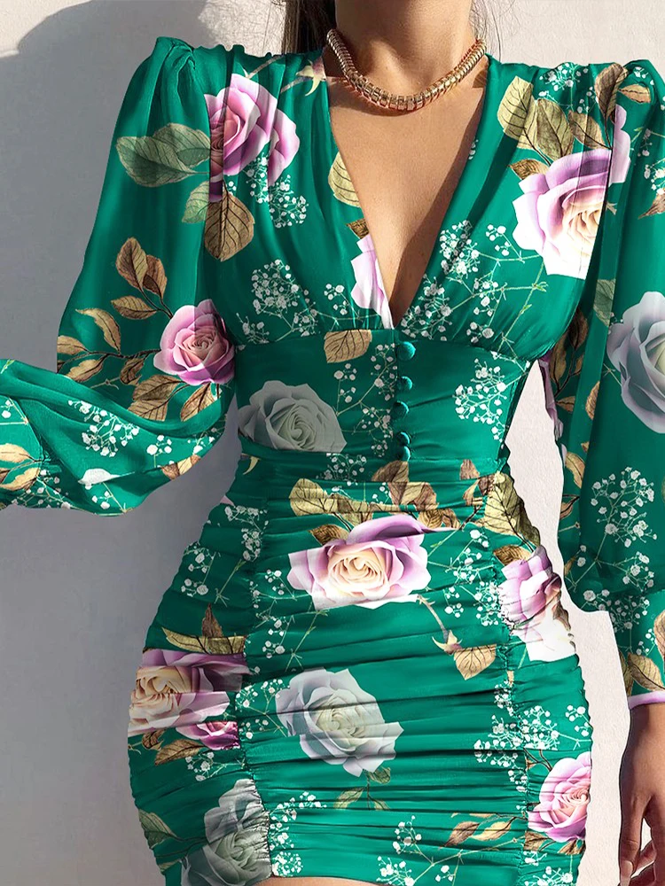

Women's Dress Sexy Puff Sleeve Lantern Sleeve Low Waist Floral Print Ruched Skinny Mini Casual Dress Women