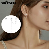 wostu shining stars drop earrings 925 sterling silver asymmetrical design chain dangle long earrings for women jewelry cte433
