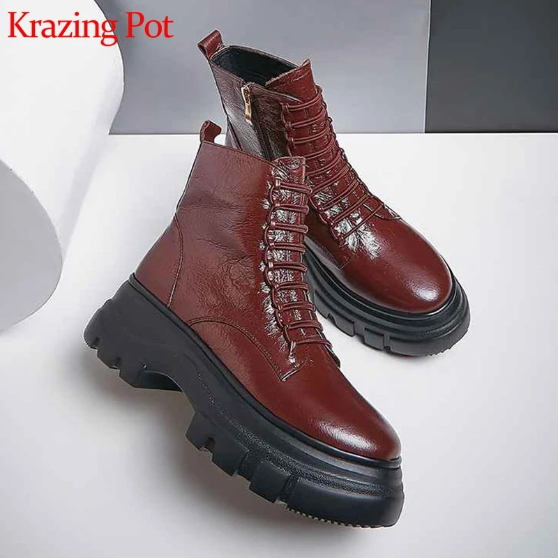 Krazing pot/из коровьей кожи с круглым носком; эластичная резинка-украшение высокой подошвой женская обувь элегантные женские туфли в европейском стиле на высокой платформе; дизайнерские; высококачественные полусапожки на шнурках; большой L93
