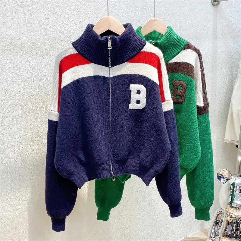 

SONG YI Stand-up Collar Letter Thickened Zipper Sweater Cardigan 2022 Autumn and Winter New Korean Casual Sweater Coat A0154