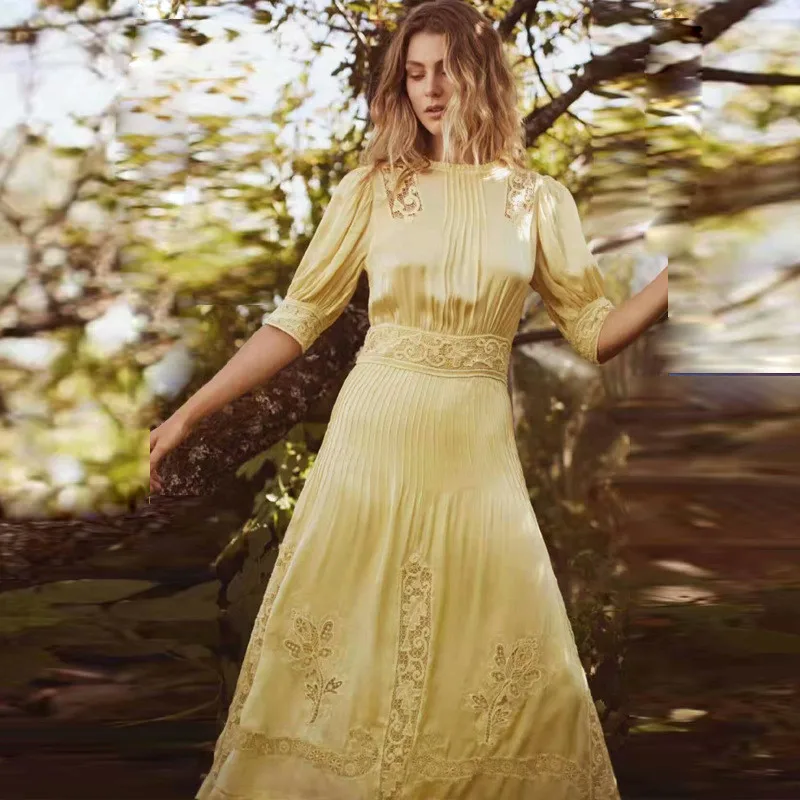 Женское платье из чистого шелка модельное винтажное плиссированное миди желтого