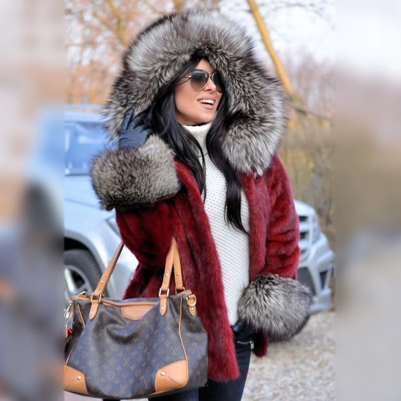 

Fashion Wine Red Real Mink Fur Jackets Women 75CM Long Natural Full Pelt Mink Fur Coat With Silver Fox Fur Trom Of Hood Outfit