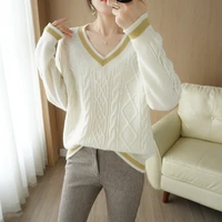 21 autumn winter new pure wool sweater womens v neck pullover long sleeved loose knit bottoming shirt thickening color matching