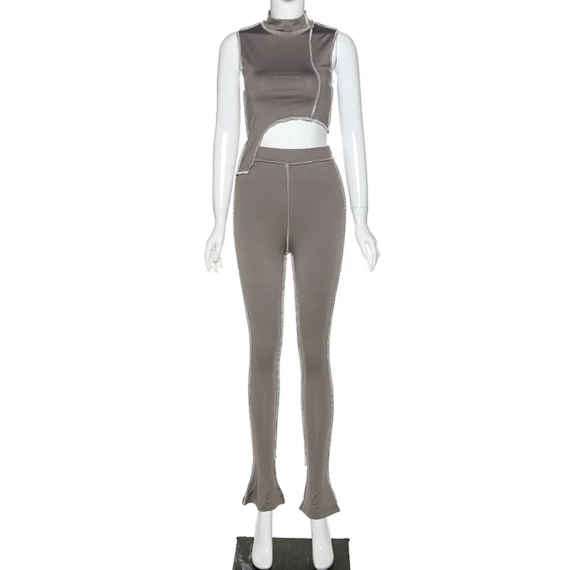 

Sexy Asymmetric Bodycon Tracksuit Crop Top Slit Flare Pant 2 Piece Matching Sets Women New Summer Outfit 2021