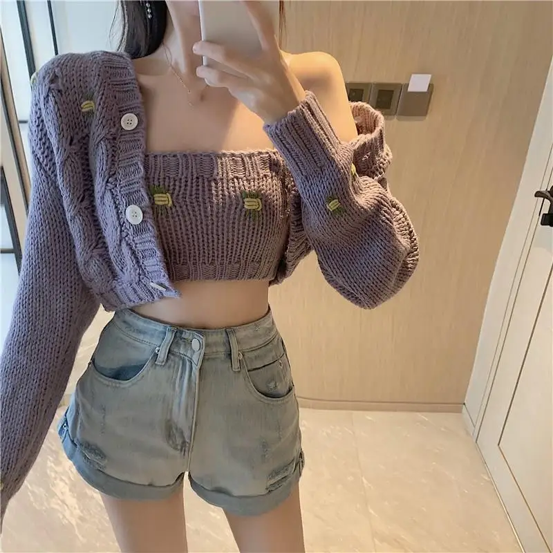 2019 Autumn Solid Knitted Cardigan Casual Lantern Sleeve Two Pieces Sweaters Single-Breasted Short Sweater Jacket |