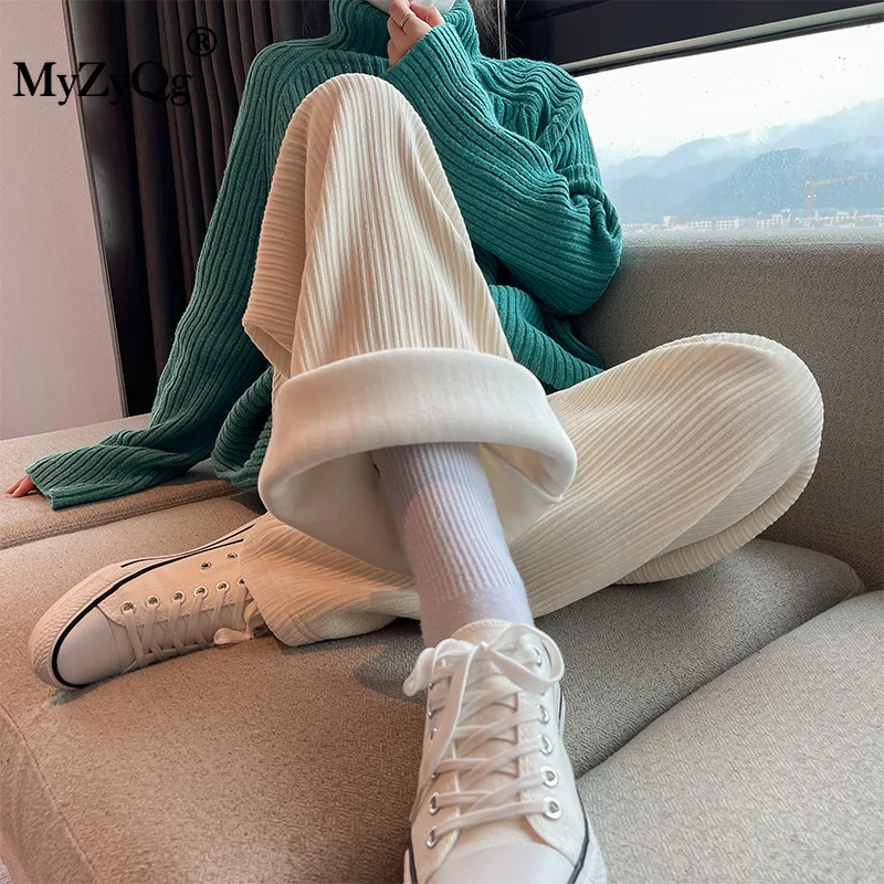 

Autumn and Winter Plush Chenille Warm Wide Leg Pants Women New High Waist Casual Straight-leg Beige Corduroy Mopping Trousers
