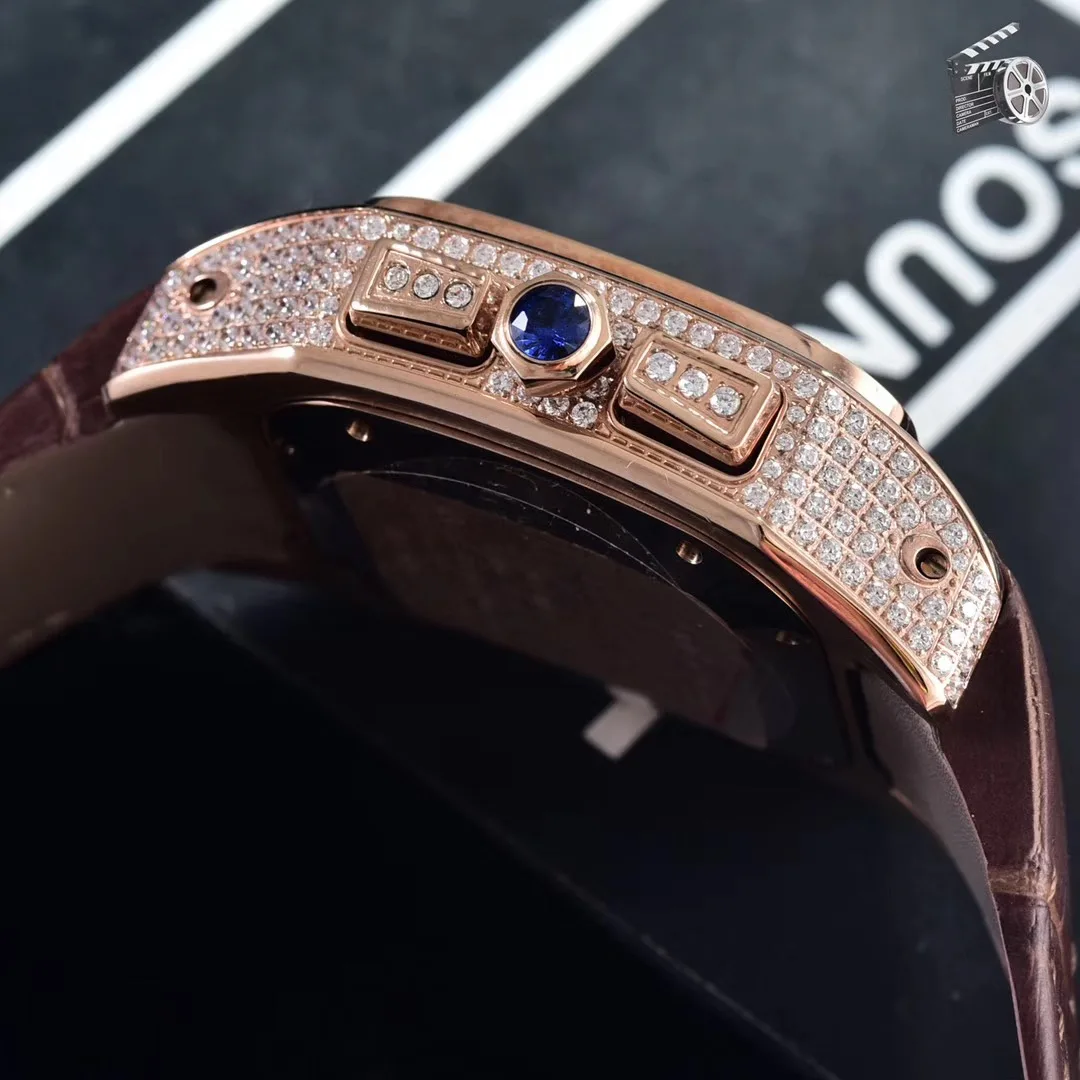 

Classic New Chronograph Men Stopwatch Sapphire Full Iced Diamond Rose Gold Yellow Silver Black Brown Leather Sport Watches