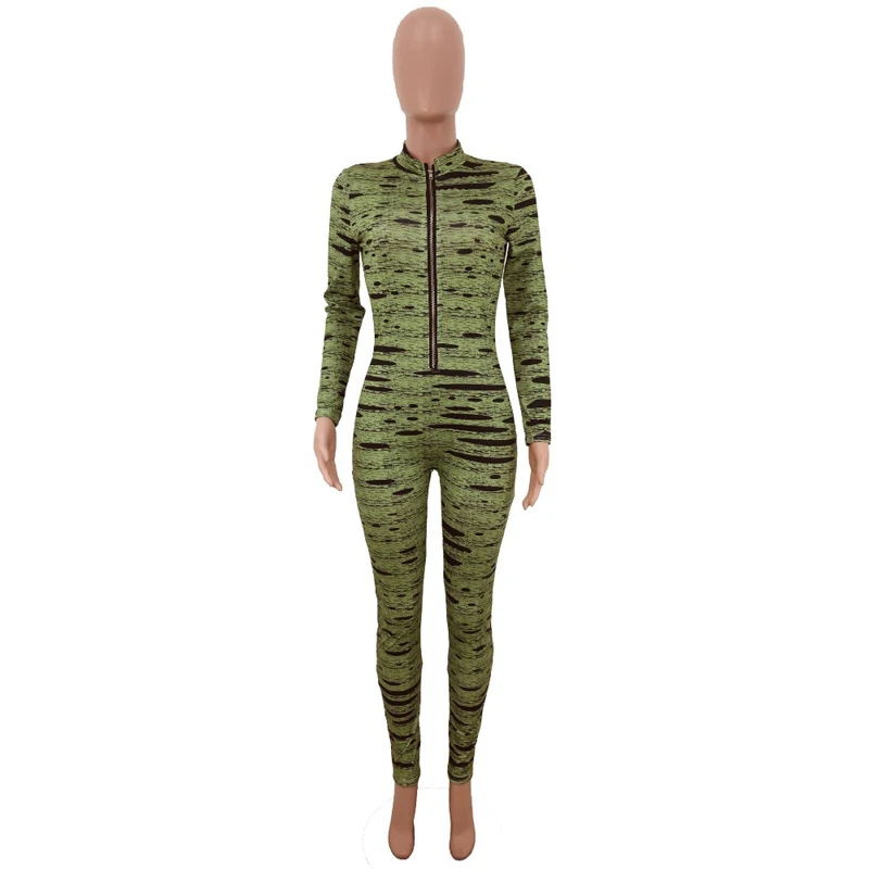 

Autumn Printed Long Sleeve Full Jumpsuit Skinny Women Bodycon Zipper Playsuit Sprot Fitness Overalls Femme Rompers