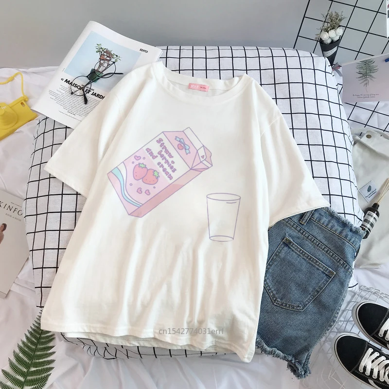 

Women Strawberry Juice Graphic Print T Shirt Harajuku Aesthetic White Tops