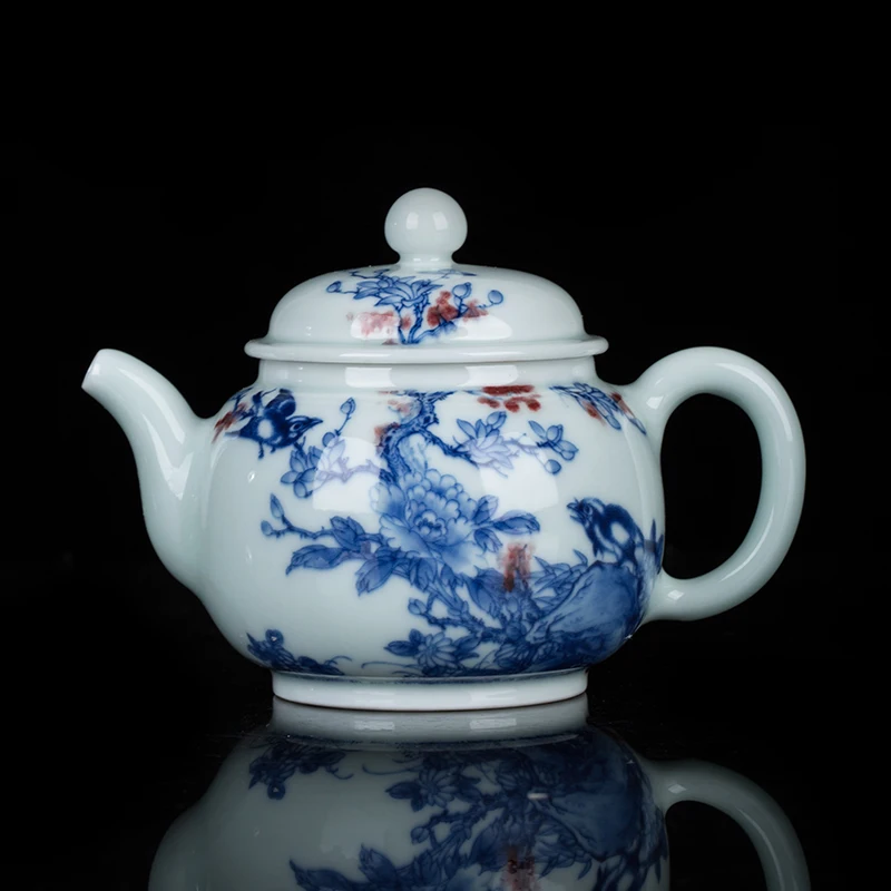 

Чайник Цзиндэчжэнь, чайник ручной работы, сине-белый деревянный чайник под глазурью, чайник с красным ландшафтом, Керамический одинарный ча...