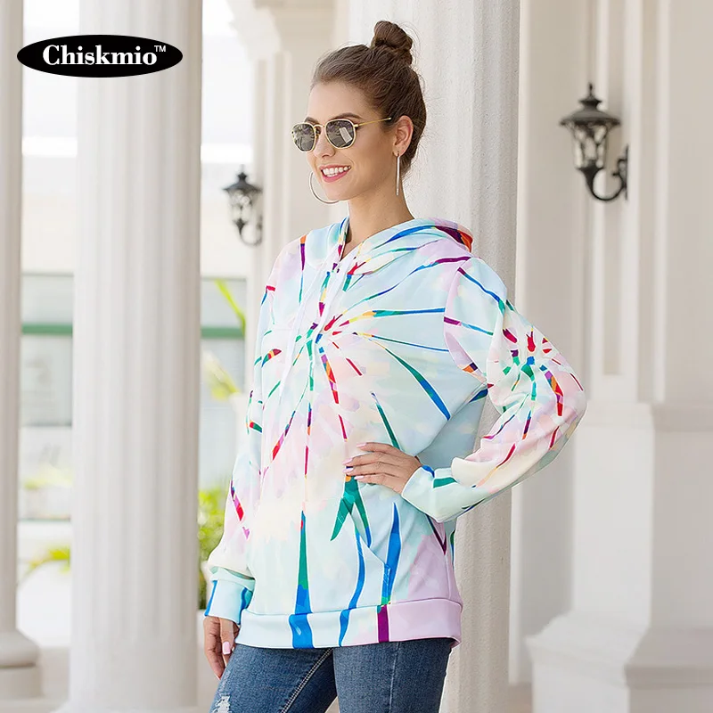 

Chiskmio Winter Sweatshirt Women Tie-dye Print Hoodie Women's Top Warm Pullover Loose Sweatshirt Long-sleeve Hooded Autumn