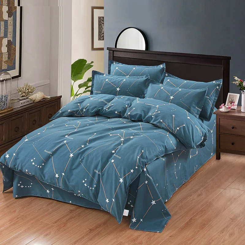 

2021 Simple white blue stars cotton linens bedding sets Twin full Double Queen king Size duvet cover flat sheet pillowcases