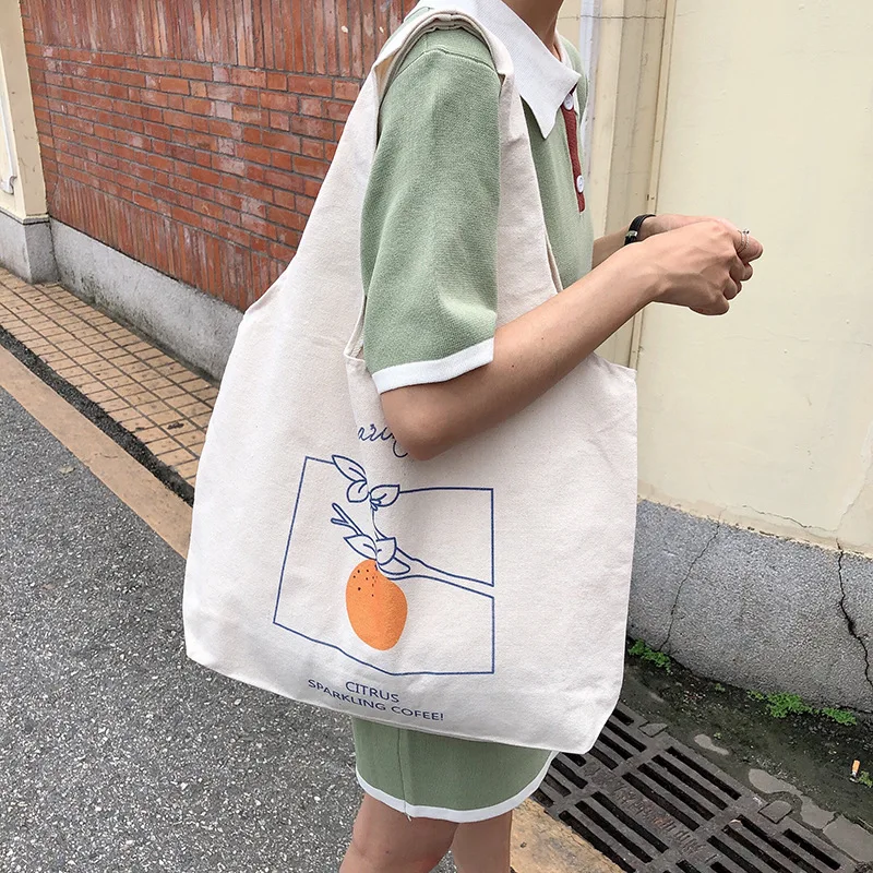 

2021 New Simple Canvas Women Bags Large Capacity Conventional Handbag Fruit Illustration Ladies Shoulder Bag Green Shopping Bag