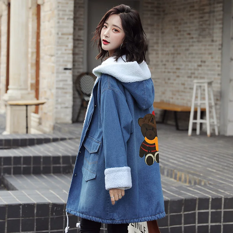 Зимнее джинсовое пальто для женщин толстая теплая подкладка из шерсти хлопковая