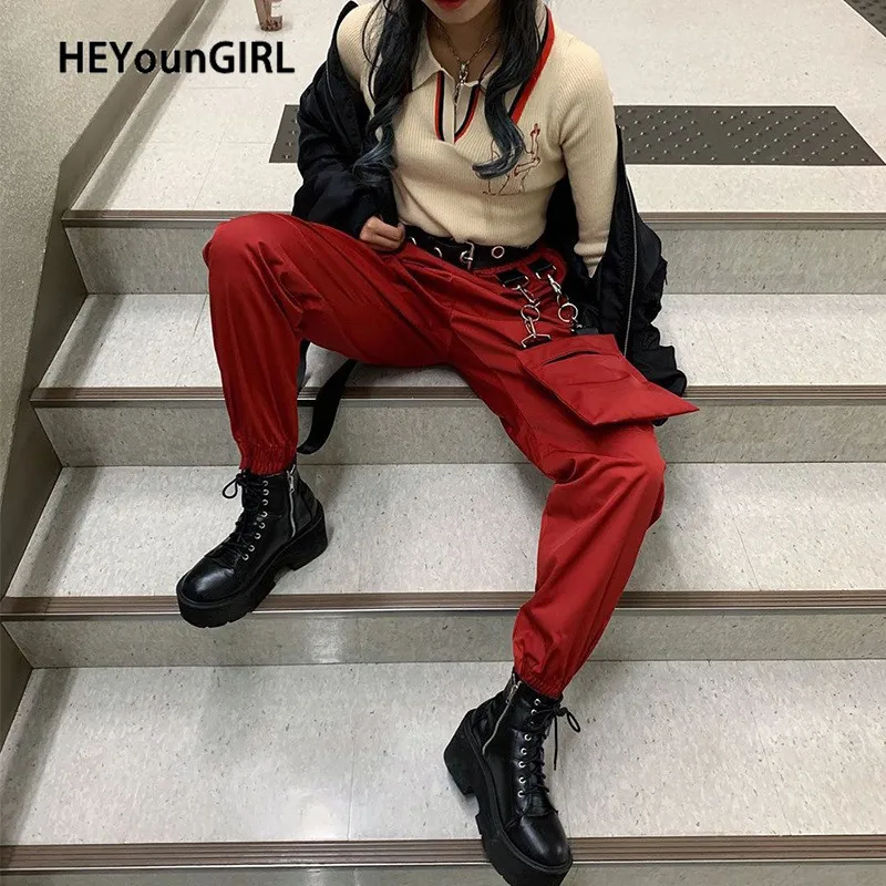 HEYounGIRL Сплит повседневные свободные черные брюки Капри эластичные с высокой