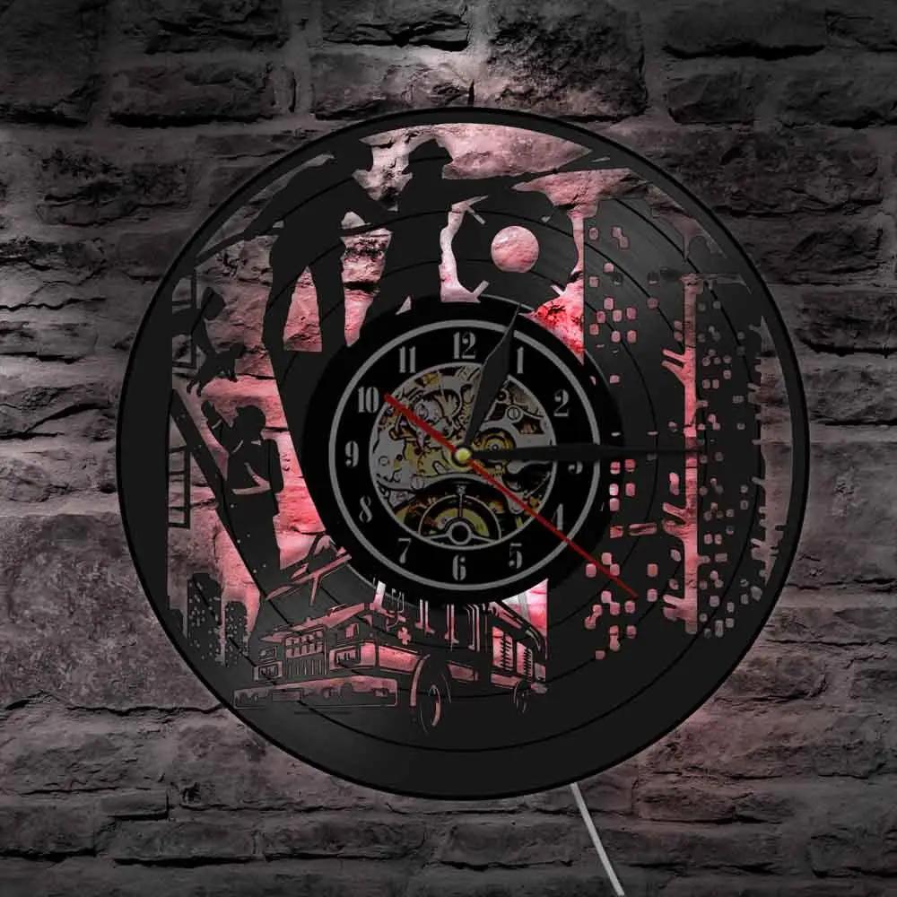 Пожарные силуэт виниловая запись настенные часы пожарная станция пожарный отдел