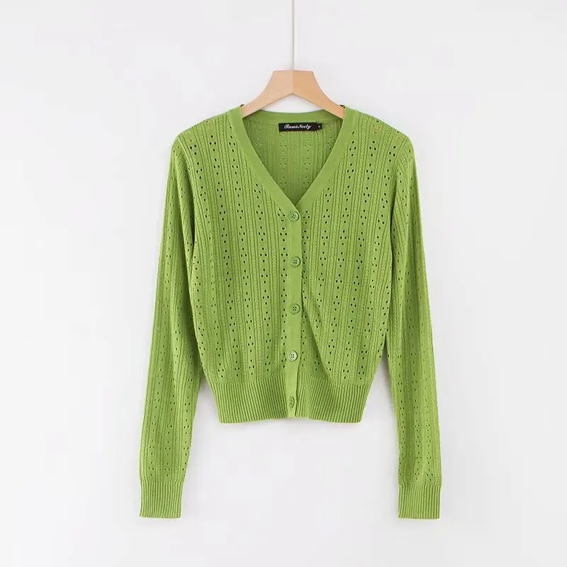 

Fall woman sweaters cropped button up cardigan sexy knitted cardigan v neck long sleeve top see through green cardigan korean