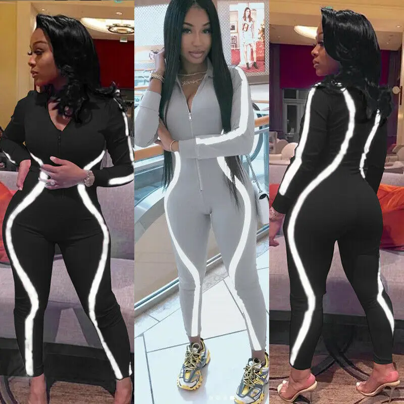 

Women Long Sleeve Zip V-Neck Slim Bodycon Jumpsuit Bodysuit Party Clubwear S-2XL Yoga Suit