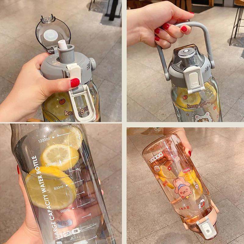 

Portable Straw Water Bottle 2000ml Stikers Kettle Tritan BPA Free Sports Cup Fitness Hot Cold Water Bottles with Time Marker Cup