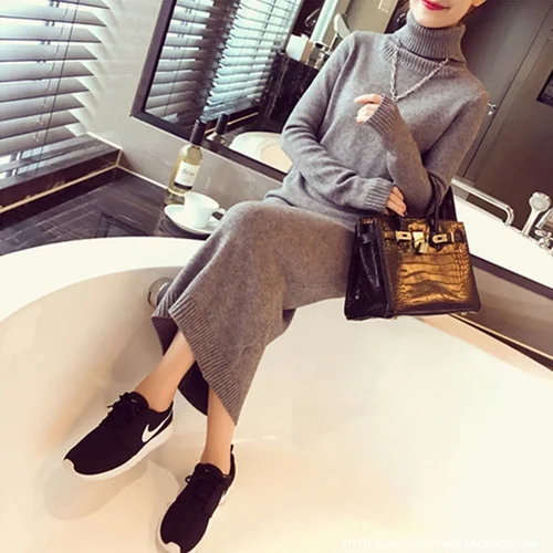 

Cmaz Autumn and Winter New Long Sleeve Turtleneck Knitting Woolen Skirt Female Repair