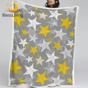 BlessLiving Stars Bed Blanket Yellow White Grey Soft Fluffy Blanket Watercolor Graffiti Blanket Stylish Cobertor 1pc Home Decor 1