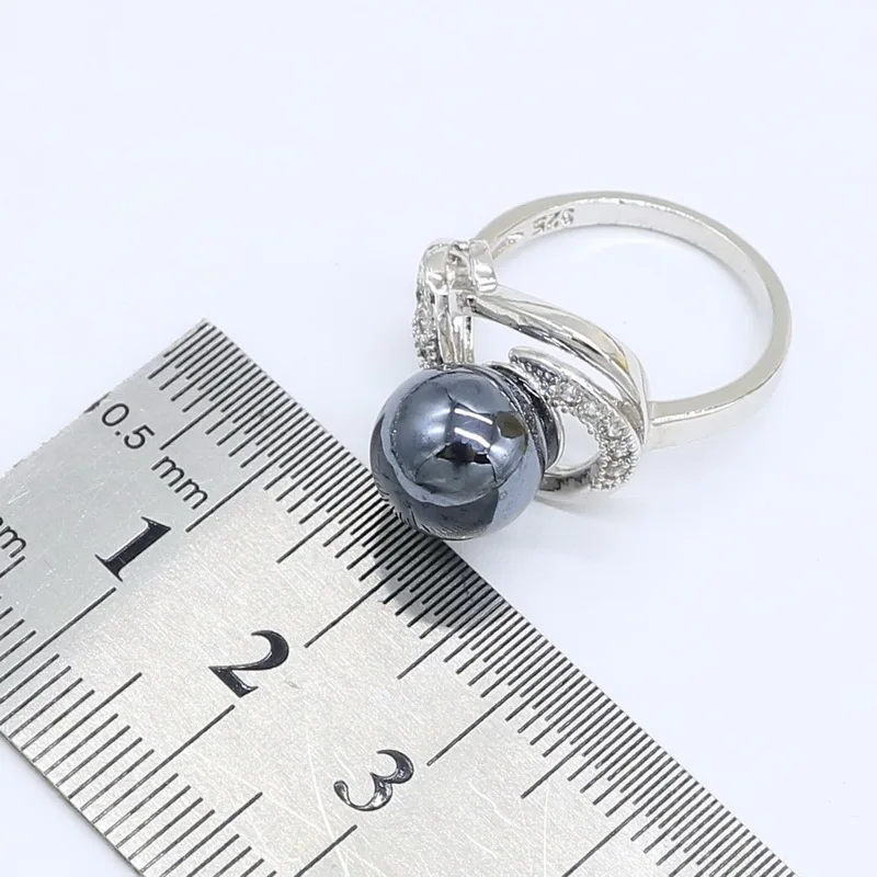 Черный жемчуг серебряный цвет ранние серьги ожерелье кулон кольцо циркониевый