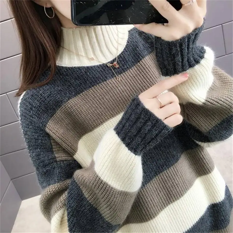 

Korean version long sweater Women Autumn&Winter New Thickening Striped O Neck Long Sleeve Sweater Dress