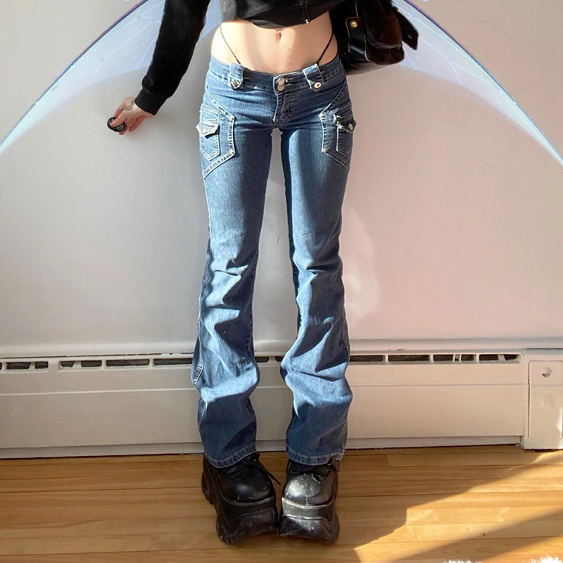 

Streetwear Pockets Patchwork Cargo Jeans Women Punk Boyfriend Low Waist Pants Harajuku Grunge Skinny Jeans Mom 2021