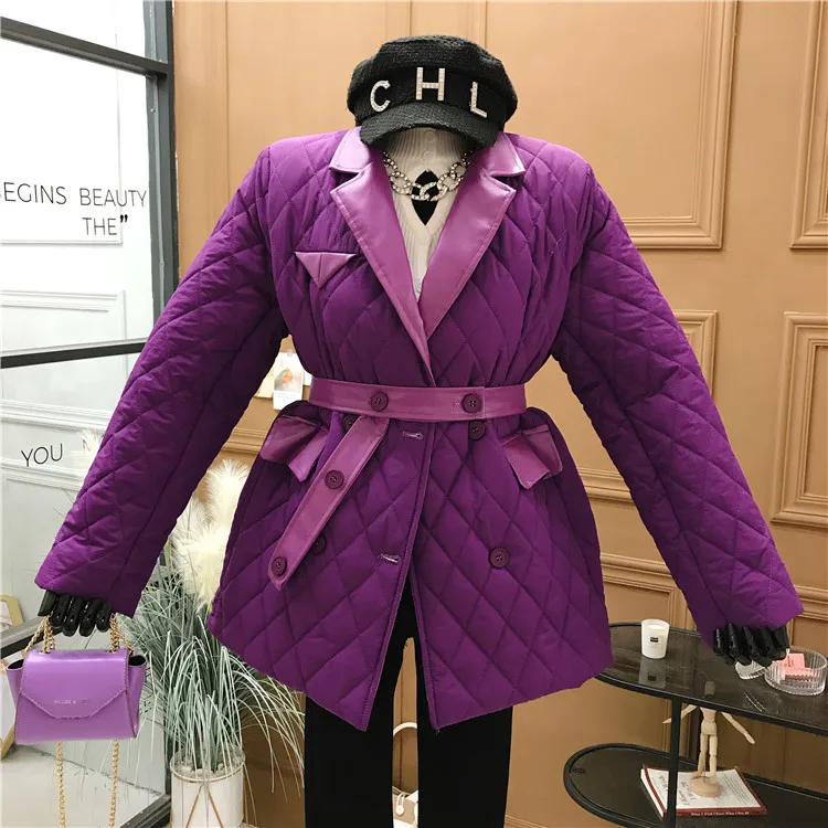 

Splice PU Leather Belt Collect Waist Jacket Loose Lapel Long-sleeved Double-breasted Cotton-padded Coat 2021 Spring Clothing