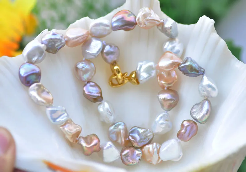 

P7229 17" 12mm White-Pink-Lavender Baroque Keshi Pearl Choker Necklace