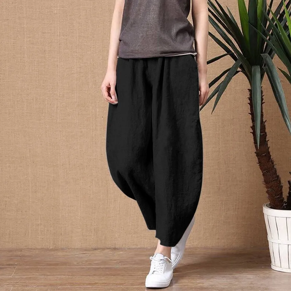 

Women's Cotton Linen Pants Elastic Waist Vintage Trousers Lady Loose Casual Pants Plus Size Retro Literary Cotton Trousers