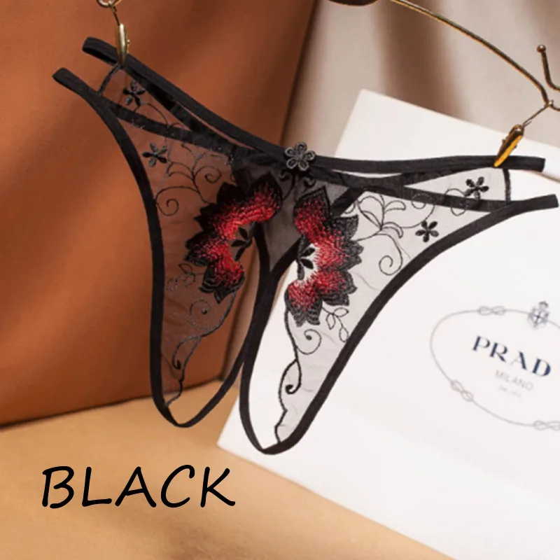 

Fancy Erotic Underwear Women Transparent Mesh Embroidery Sexy Thong Open Crotch Temptation Low-waisted G-String Sissy Lingerie
