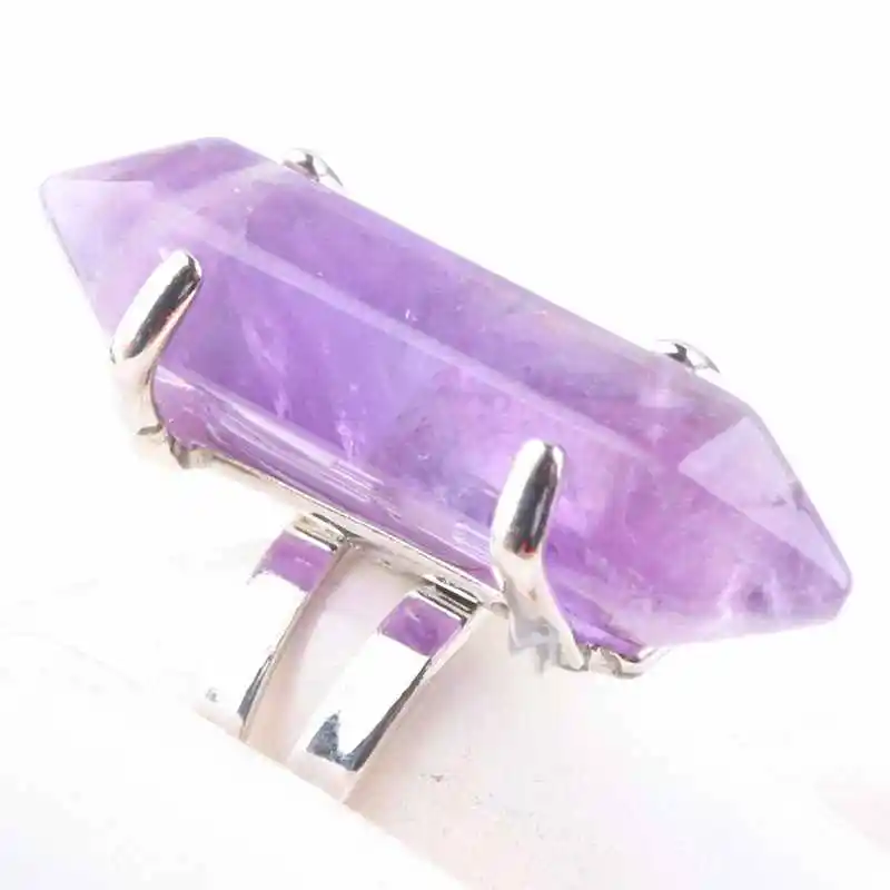 

TUMBEELLUWA Natural Crystal Stone Hexagon Prism Pointed Cone Shape 18KGP Adjustable Finger Ring Reiki Energy Healing Jewelry