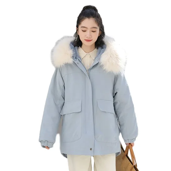 

thickened 2020 retro big wool collar fresh and sweet Plush loose and versatile waist closing warm cotton padded jacket