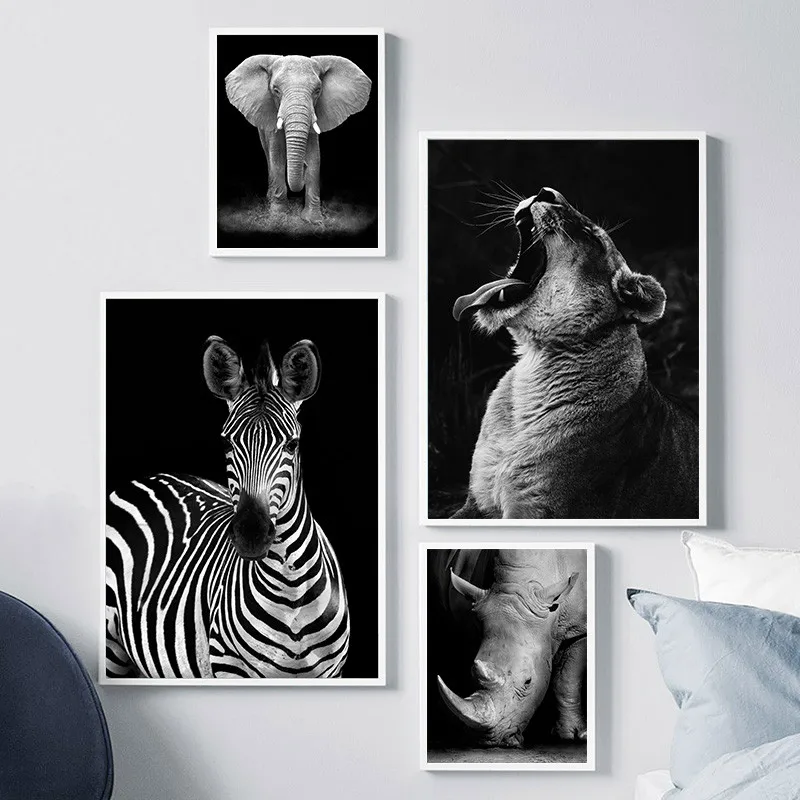 Black White Art Canvas Painting Elephant Lion Giraffe Posters Animals Wall Prints Pictures For Living Room Home Decor LB213 | Дом и сад