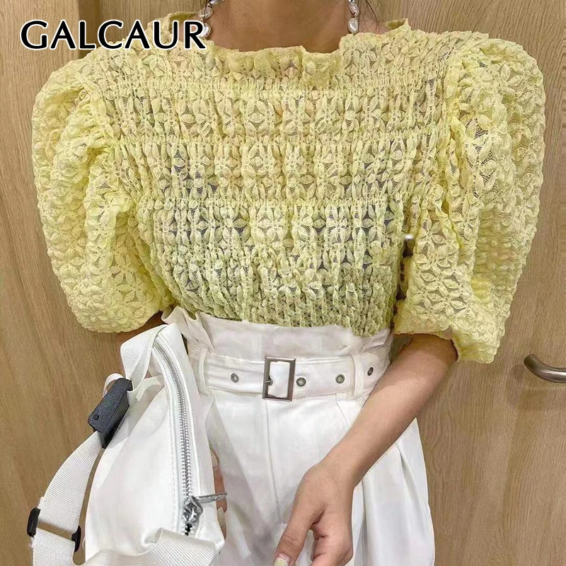 

GALCAUR Pullover Shirt For Women O Neck Puff Short Sleeve Ruched Designer Oversize Solid Blouses Female Fashion Clothes 2021 New