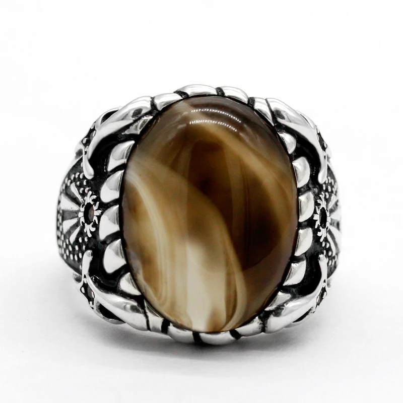 

Turkish Ring Solid 925 Sterling Silver Male Natural Agate Stone Retro Fashion Trend Boutique Jewelry Gift for Husband