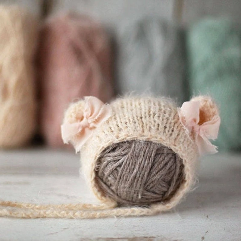 KLV Crochet Mohair Baby Hat Hat Newborn Photography Props Hat Cute Bowknot Knitted Beanies Cap Baby Bonnet Shower Gift
