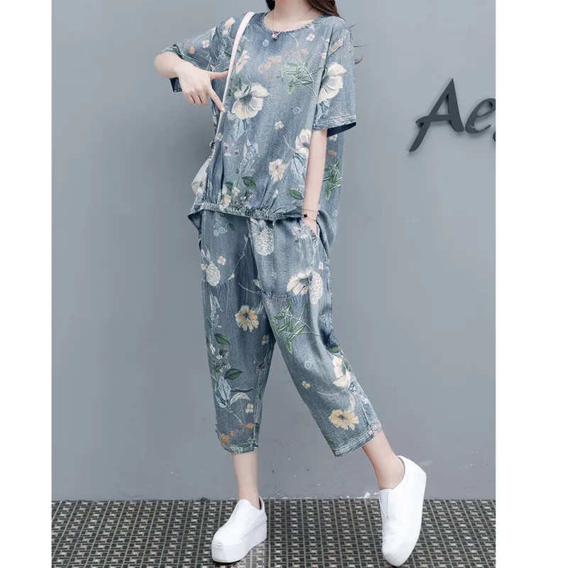 

Костюм женский из двух предметов, джинсовая футболка, прямая джинсовая юбка, твидовый костюм, повседневная одежда с принтом, большие размер...