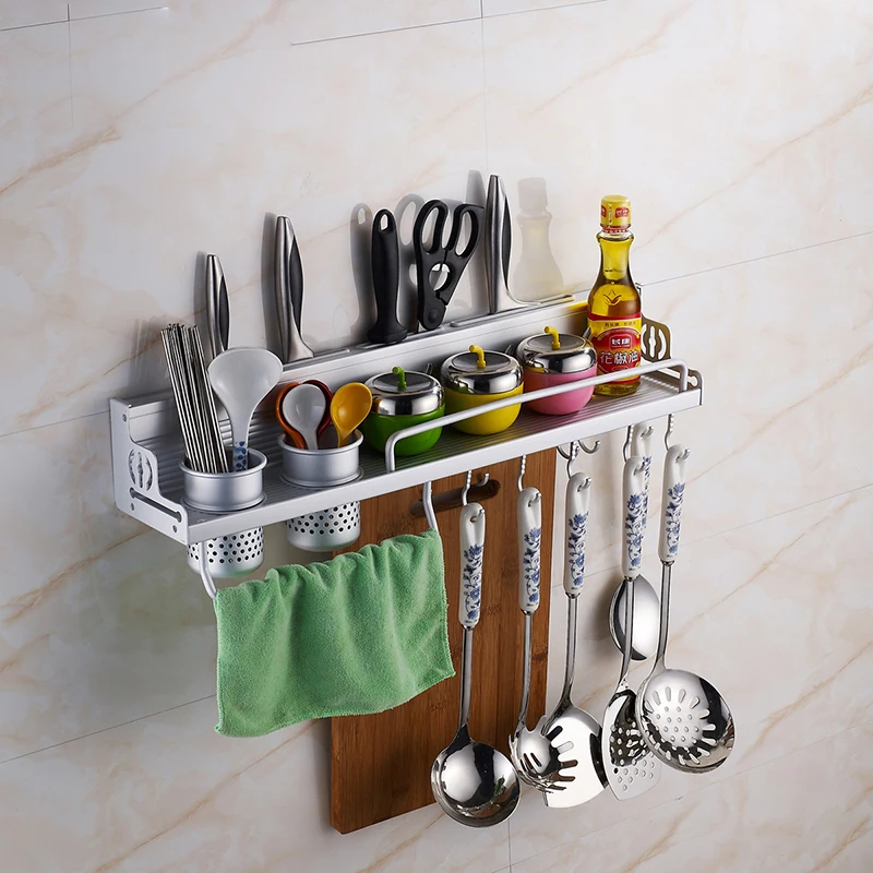 

New Practical Aluminum Kitchen Storage Rack Organizer Cookware Holder Hooks Spice Dinnerware Wall Shelf 3 Sizes #232423