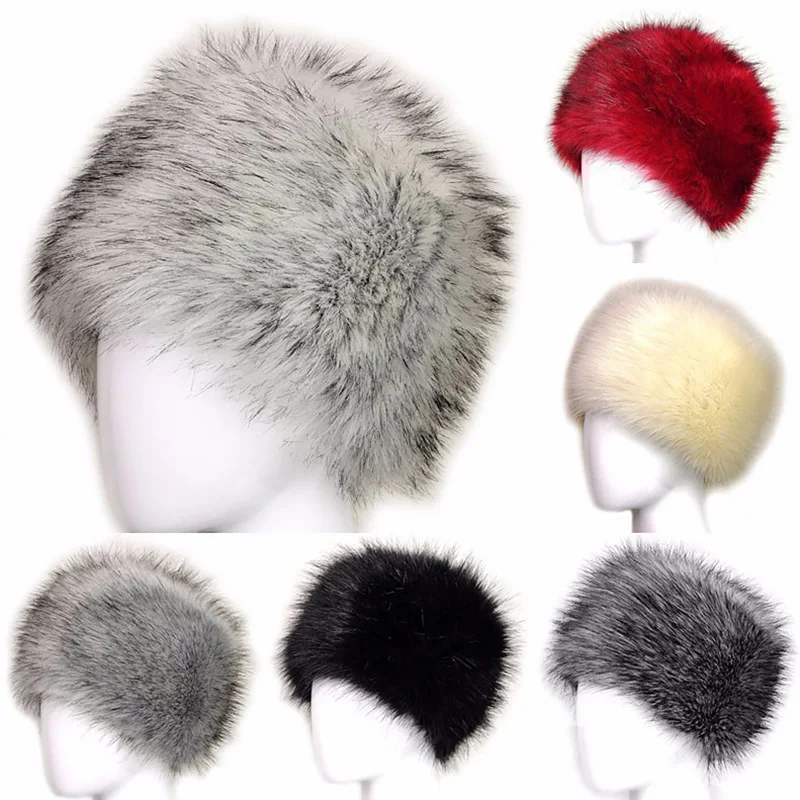 Women Hats Russian Tick Fluffy Imitation Fox Fur Hat Winter Faux Fur Caps Warm Headband Plush Earwarmer Ski Hat