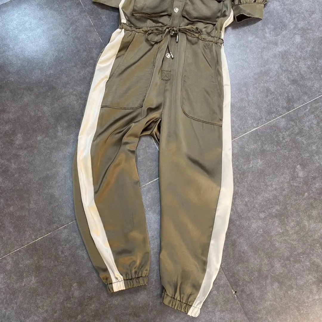 

2021 Summer Lapel Puff Sleeve Jumpsuit Fashion Zipper Pocket Decoration Slim Fit Bodysuit Streetwear Elegant Closed Jumpsuit New